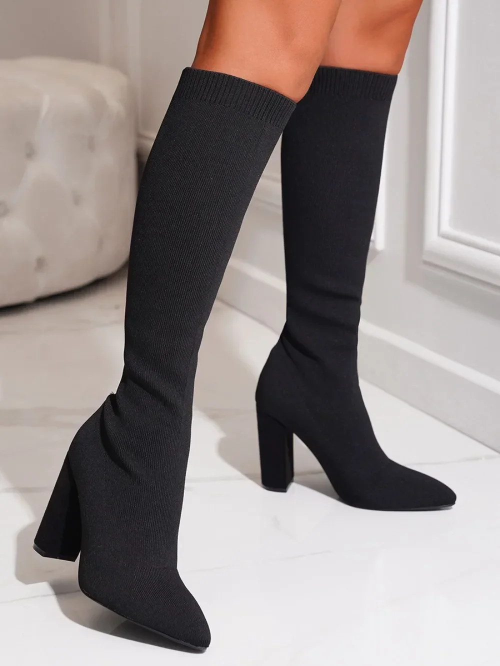 Plus Size 42 Platform Boots Women Shoes Mesh Knitting Long Boots High Heels Knee High Boots women shoes