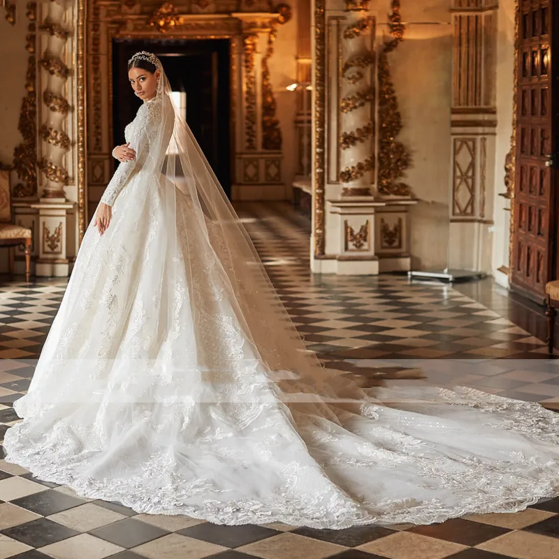 Robe de Mariée Musulmane à Manches sulfet Col Haut, Magnifique Tenue Élégante avec Traîne, Chapelle, Perles, Vintage, Patients, 2023