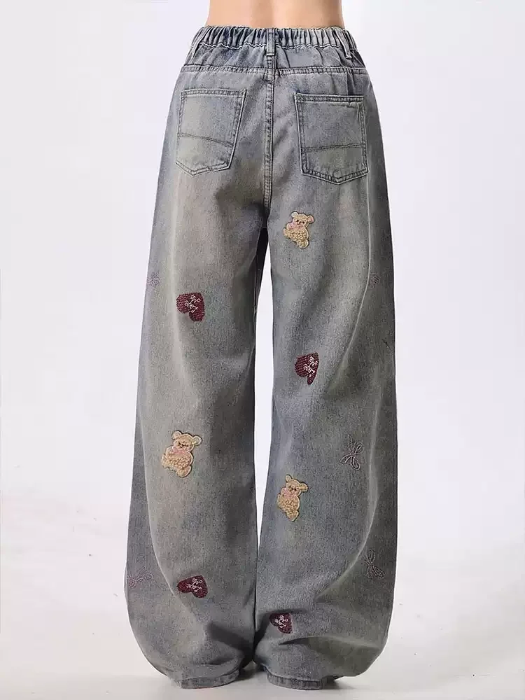 Y2K Streetwear Jeans larghi con ricamo strappato Pantaloni in denim da donna a gamba larga vintage hip-hop Harajuku