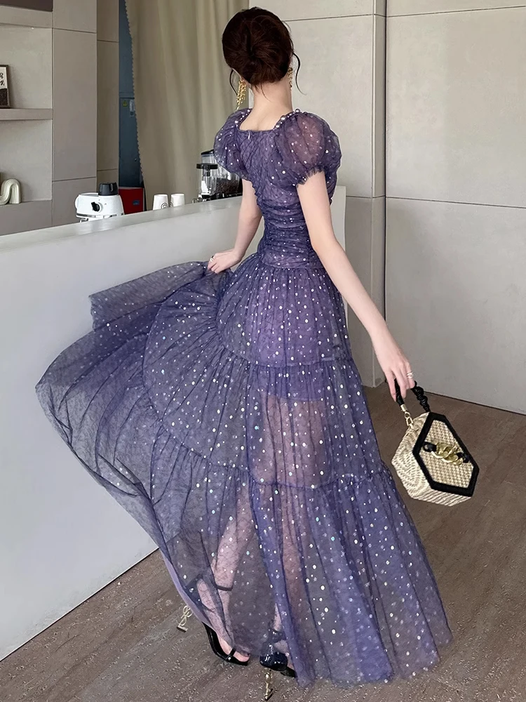 French Romance Evening Prom Dress Women Clothes Purple Mesh Bright Shiny Sheer Sexy Folds Maxi Robe Birthday Party Club Vestidos