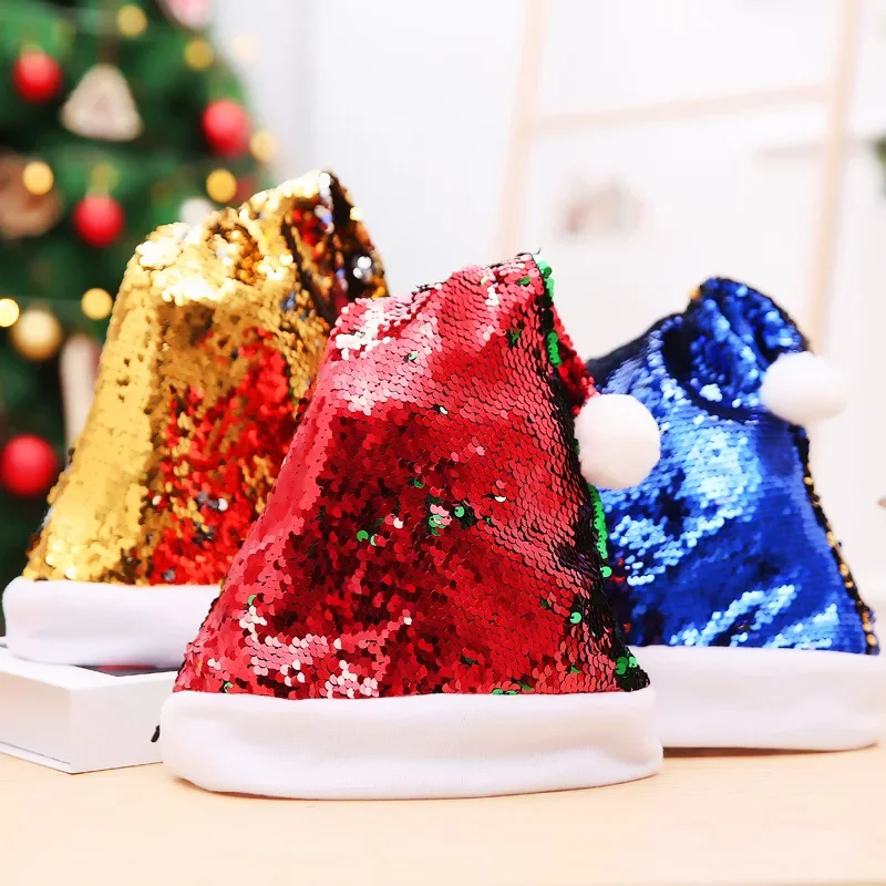 1pc Shining Sequin Christmas Hats for Adults Kids 2022 New Year Xmas Santa Hat Cap Festival Holiday Party Fashion Decor Gifts