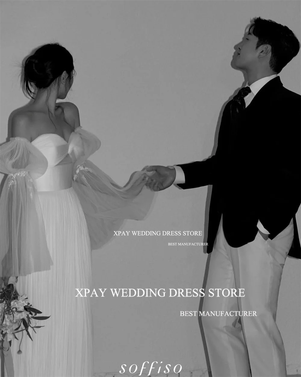 Xpay elegante querida coreia vestidos de casamento personalizado plissado tule vestido formal nne mec sereia mangas compridas puff vestido de noite