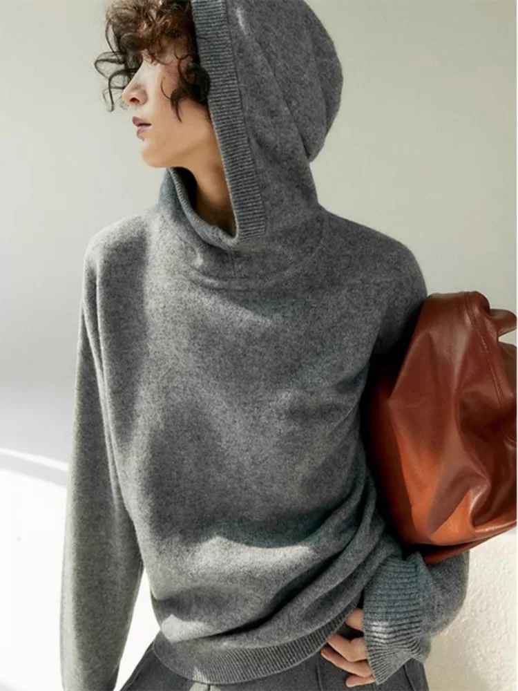 American Retro Gray Hooded Sweater, Women\'S Autumn And Winter High-End Temperament, Simple And Casual Base Knit Sweater