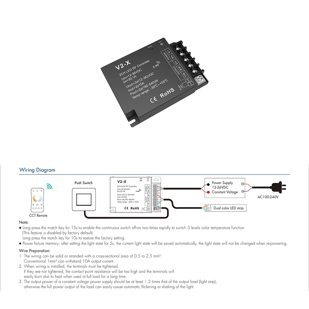 Skydance V2-X DC12-36V 2.4GHzRF+Push Dim PWM 0-100% CCT Dual Color LED Dimming Controller For Color Temperature LED Strip Light