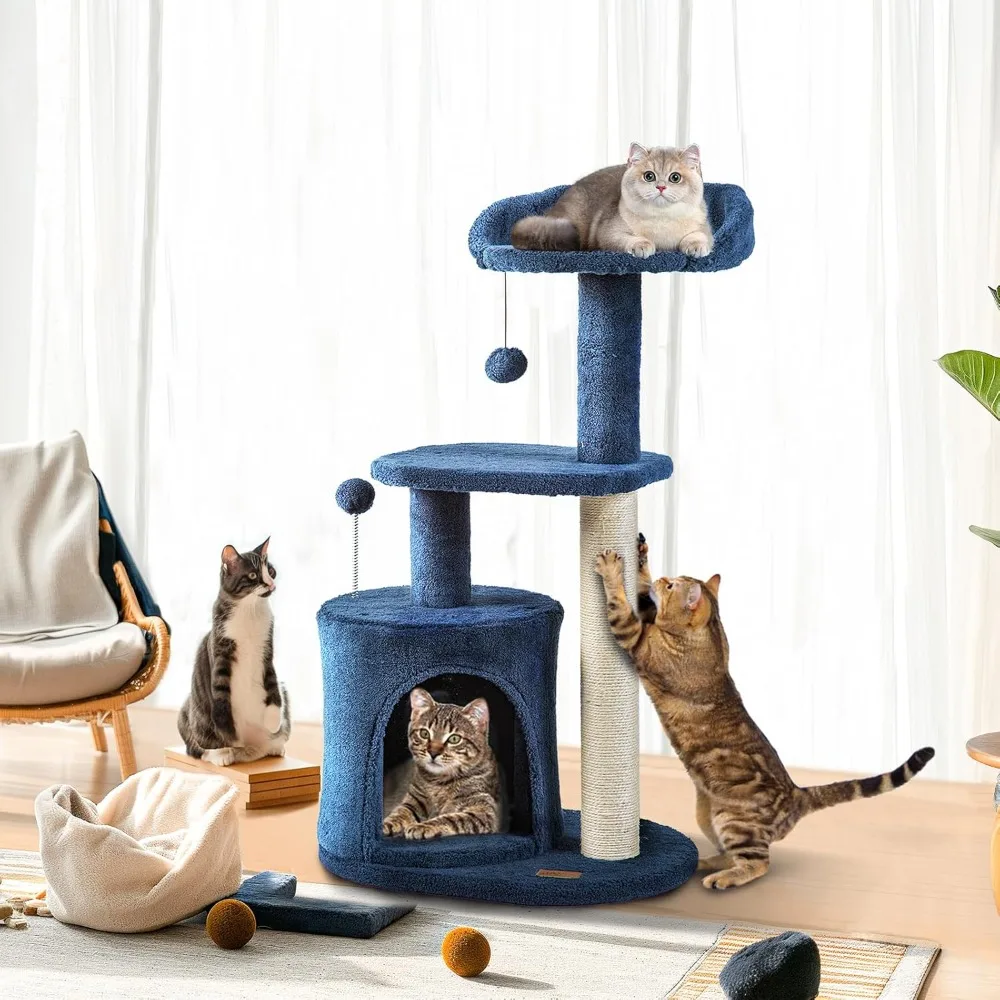 

Small Deep Denim Blue Cat Tree for Small Spaces, Kittens, 33.5" Multi-Level Condo with Sisal Scratching Post, Plush Perches