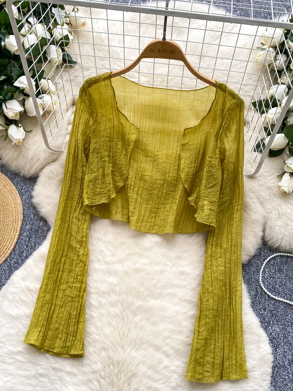 

French Sle Long Sve ort Length Women's Cardigan Sunscreen Folded Design Ele Beautiful Faionable Summer Cover up