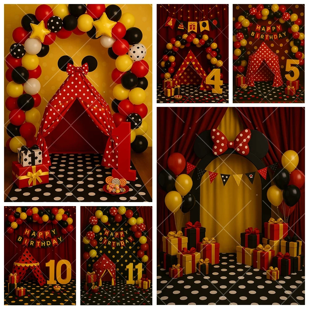 Latar Belakang Tema Mickey House Kustom Balon Kuning Hitam Merah Spanduk Dekorasi Pesta Ulang Tahun Anak Latar Belakang Fotografi Baby Shower