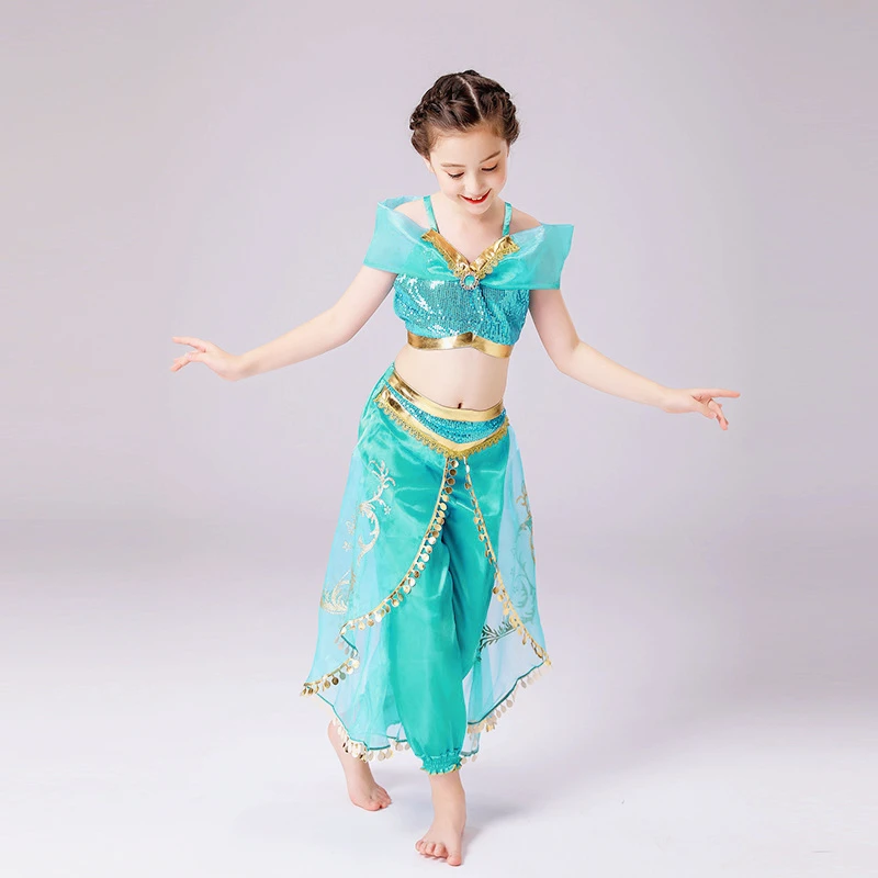 Disney Aladin and The Magic Lamp Jasmine Princess Dress Kawaii Party Carnival Cosplay Aladdin Agic Lamp Girls Costume Wig Sets