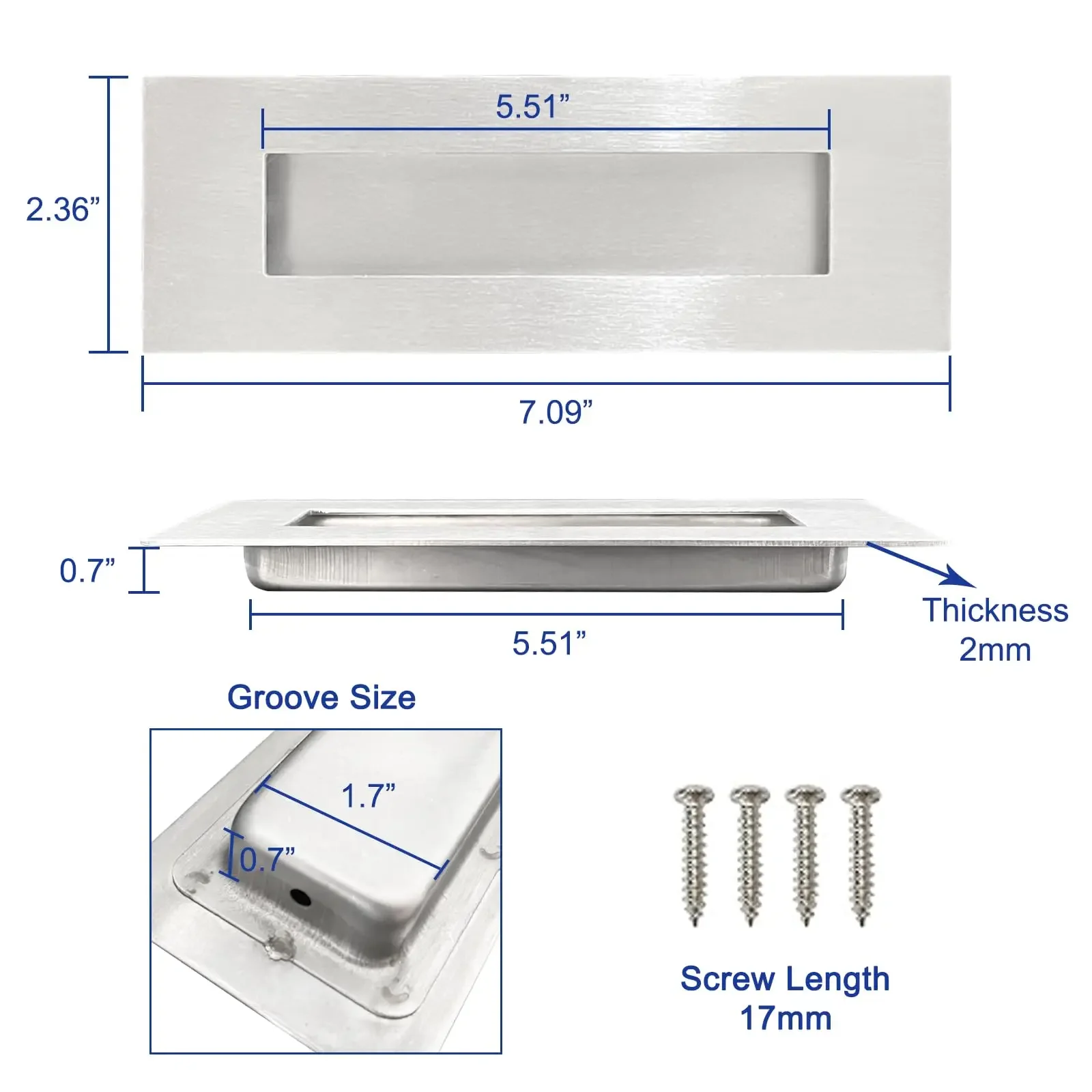 Manija empotrada de acero inoxidable para puerta corredera, tirador Invisible de madera, 2 piezas, Plata