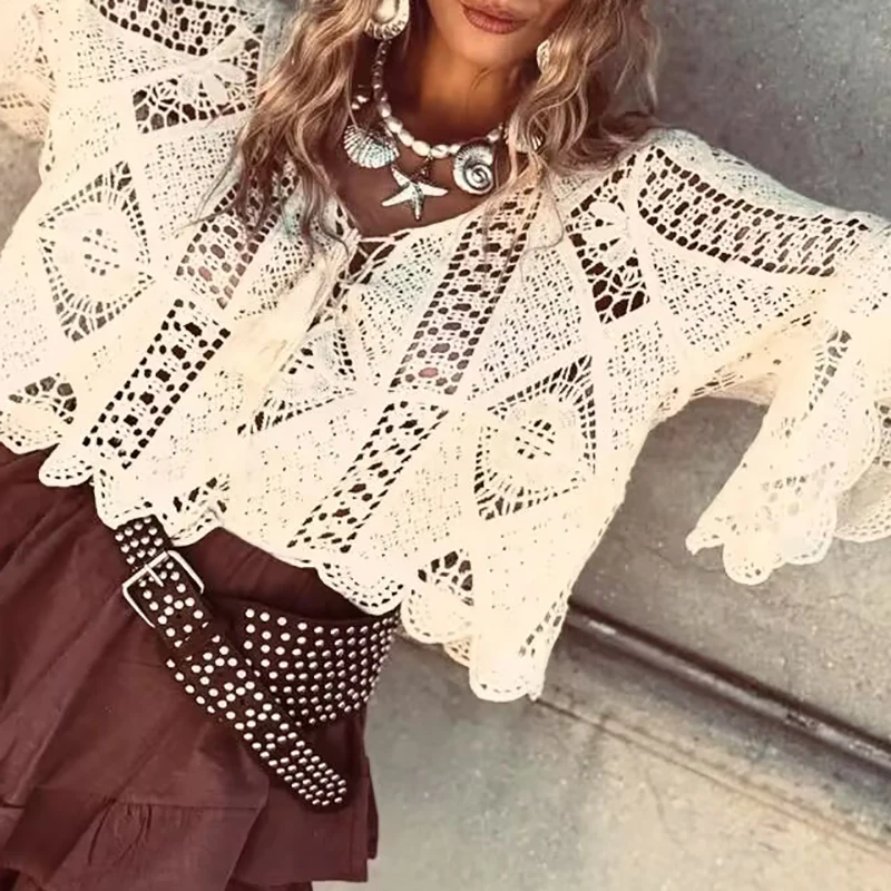 

Fashion Women's V-neck Lace Up Hollow Blouses Sexy Flared Sleeves Solid Color Beach T-shirt Spring Summer Loose Knitted Top Tees