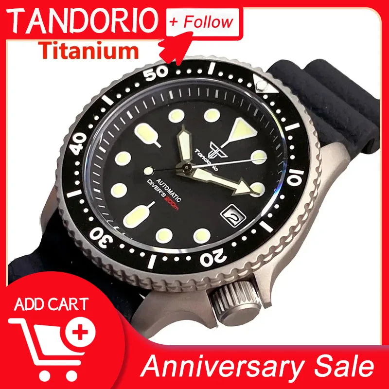 Tandorio 41mm NH35A Black Automatic 200M Diving Titanium Men Watch Sapphire Glass 3.8 o'clock Date Rubber Black Ceramic Bezel