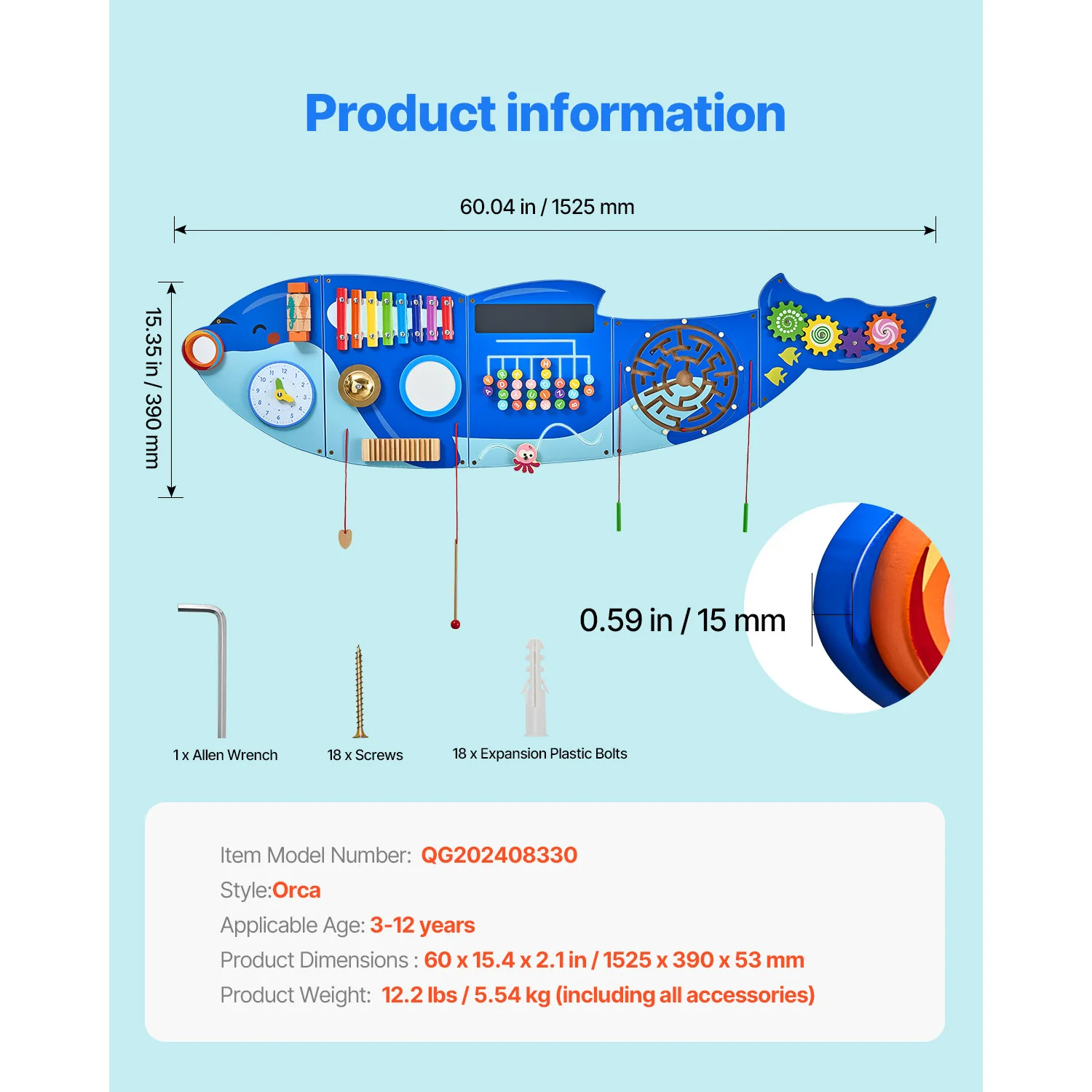 VEVOR Orca Kids Wall Busy Board 12 أنشطة لوحات معلقة ألعاب تعلم مونتيسوري الحسية للأطفال الصغار من سن 3 إلى 12 سنة ألعاب اللعب