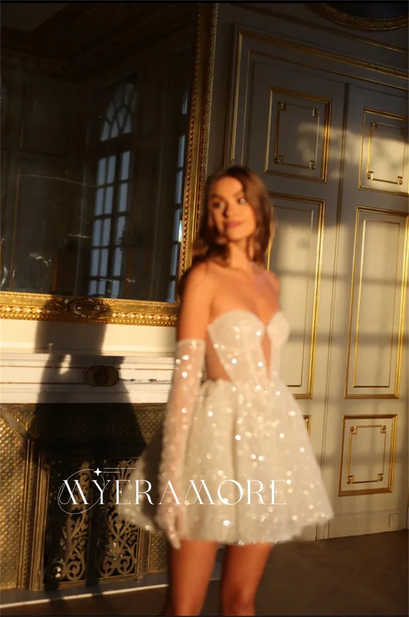 Glitzerndes kurzes Hochzeitskleid für die Braut, Perlen-Geburtstagskleider in A-Linie mit Handschuhenausschnitt, Ballkleider, Vestidos de Novia, individuell gestaltet