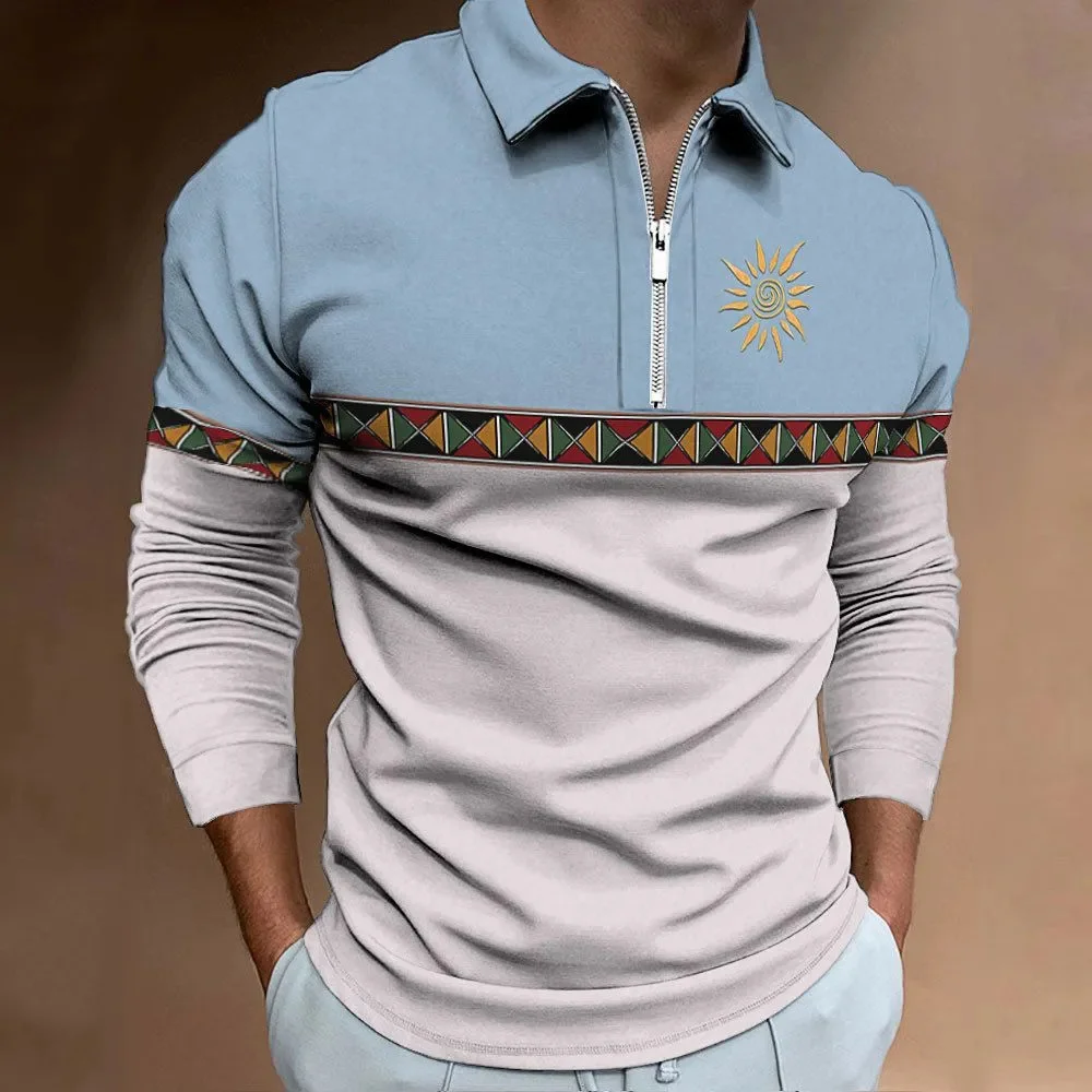 Camisas polo estampadas com bloqueio colorido masculina, roupa de golfe lapela, tops de manga comprida, com zíper casual, moda retrô, esporte