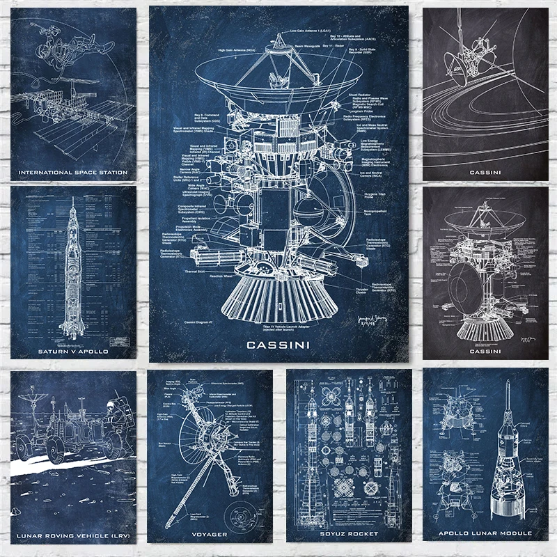 Saturn V Apollo Rocket and Apollo Lunar Module Blueprint Canvas Painting Aviation Artwork Blueprint Posters Space Retro Decor