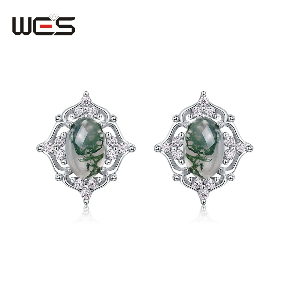 WES 925 Sterling Silver Natural Stone 4*6mm Moss Agate Stud Earrings for Women Friends Luxury Fashion Jewelry Birthday Gifts