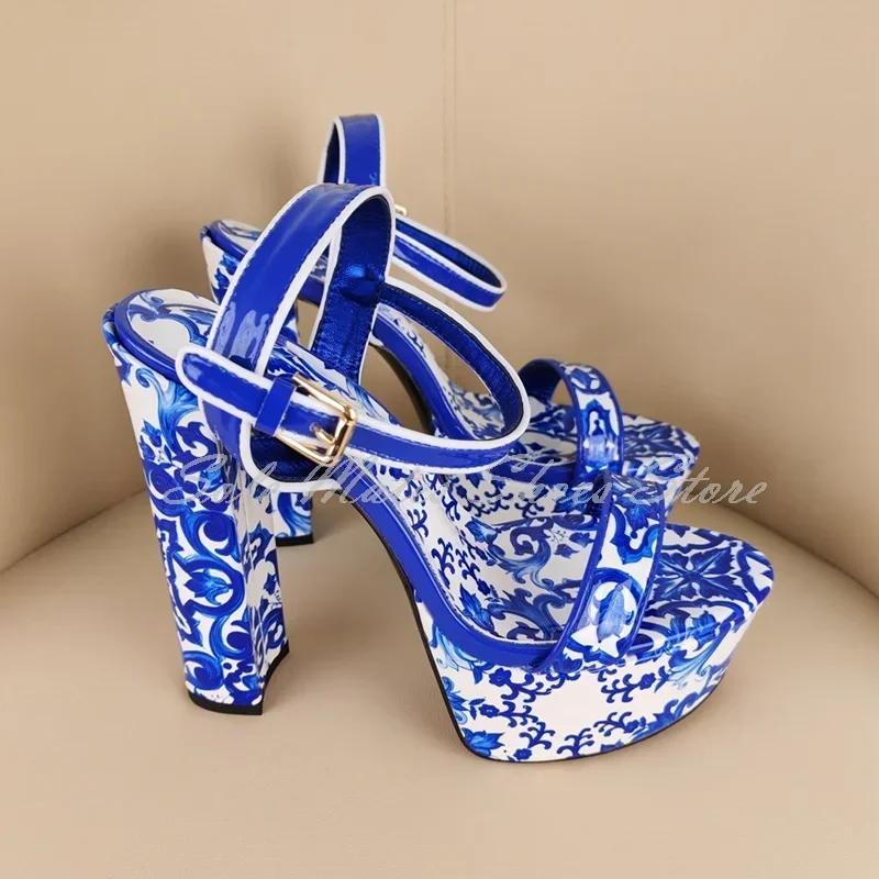 

Designer Blue White Print Platform Sandals Ankle Buckle Chunky Heel Lace Up Dress Shoes Woman Summer Elegant Sandalias Mujer