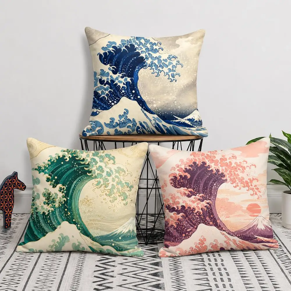 Cushion Cover The Great Wave off Kanagawa Short Plush Soft Double-Sided Printing Pillow Case Cozy Sofa Bedroom Home Decor Gift