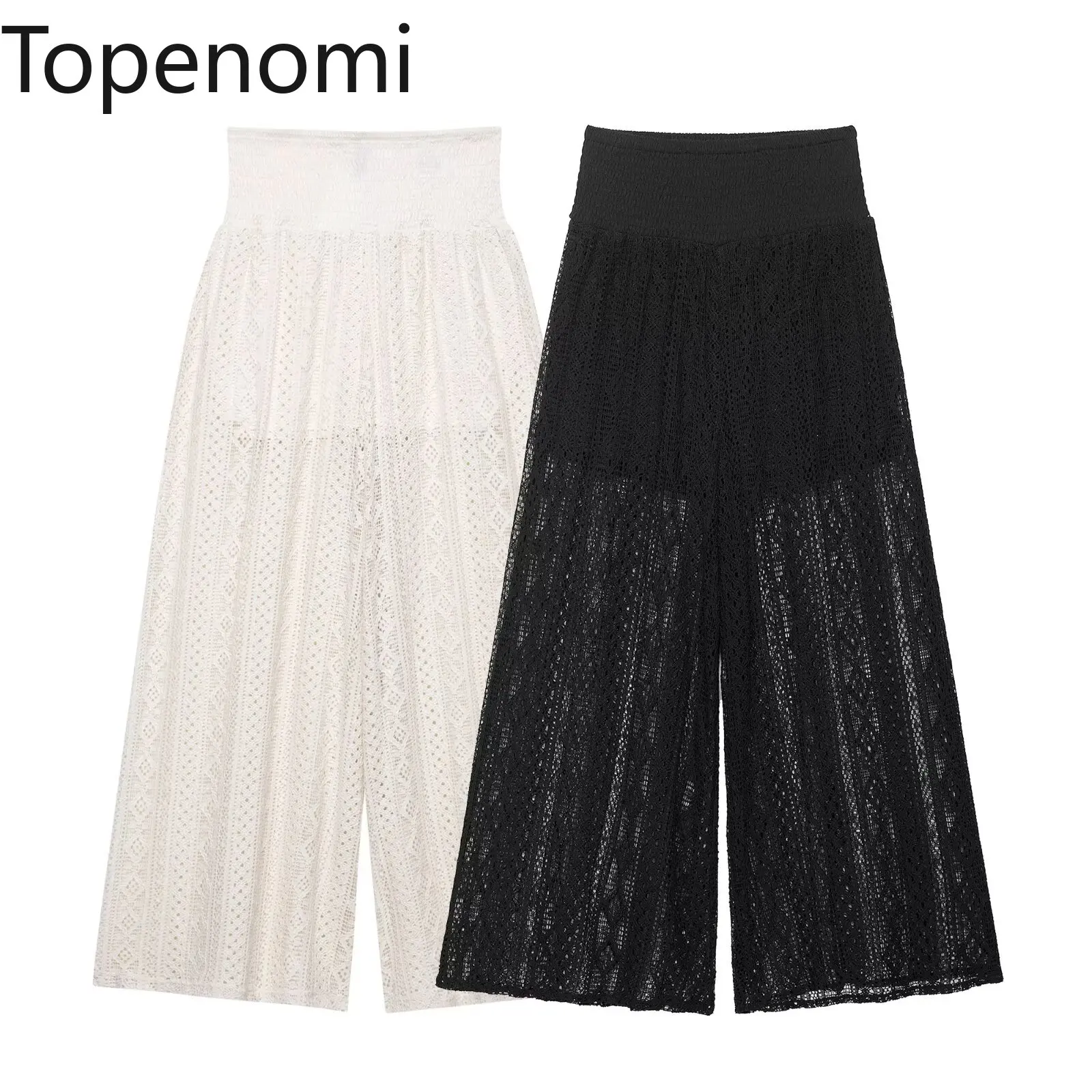

Topenomi Fashion Lace Calf-length Pants Women Summer Simple Solid Elastic Waisted Wide Leg Trousers Casual Versatile Streetwear