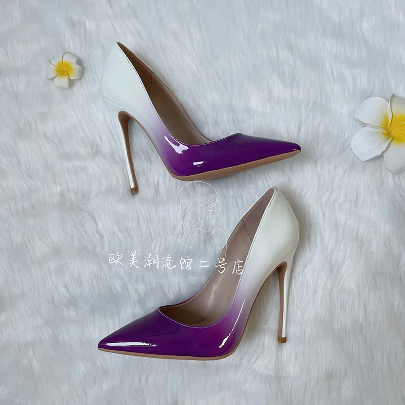 Brand Designer TOMONYE Purple Change Into White Gradient Shiny Patent Leather Elegant 2023 New Style High Heel Shoes Plus size46