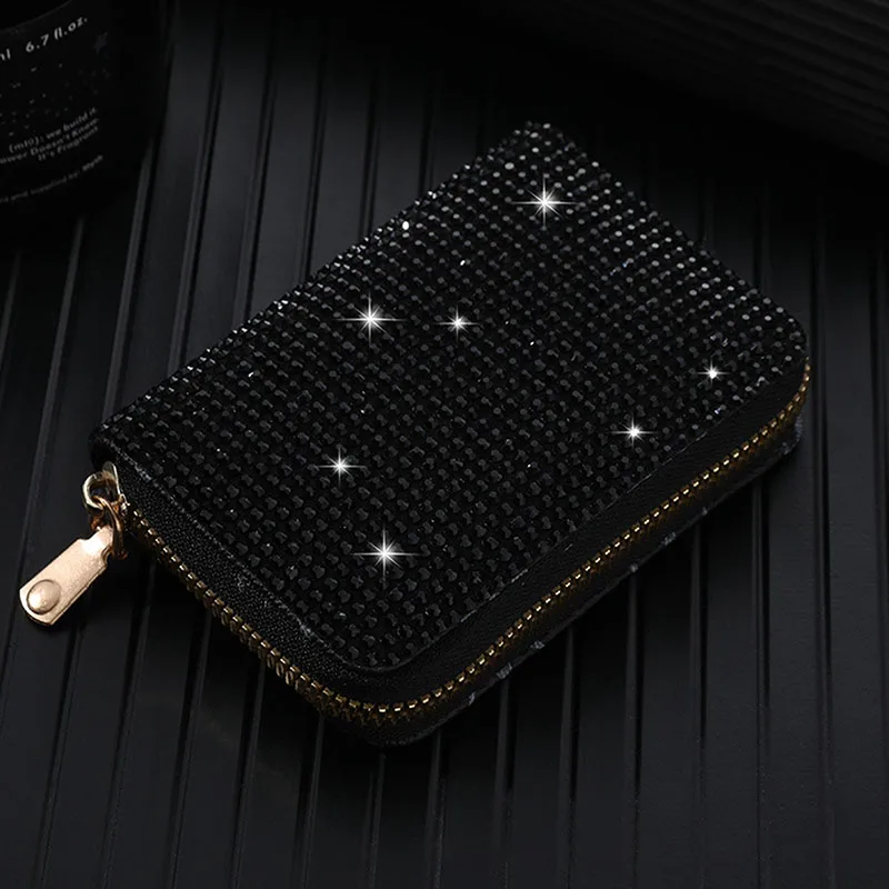 Women Ladies Card Storage Bag Stylish Coin Purse Rhinestone Small Wallet Zipper Change Bag Card Holder