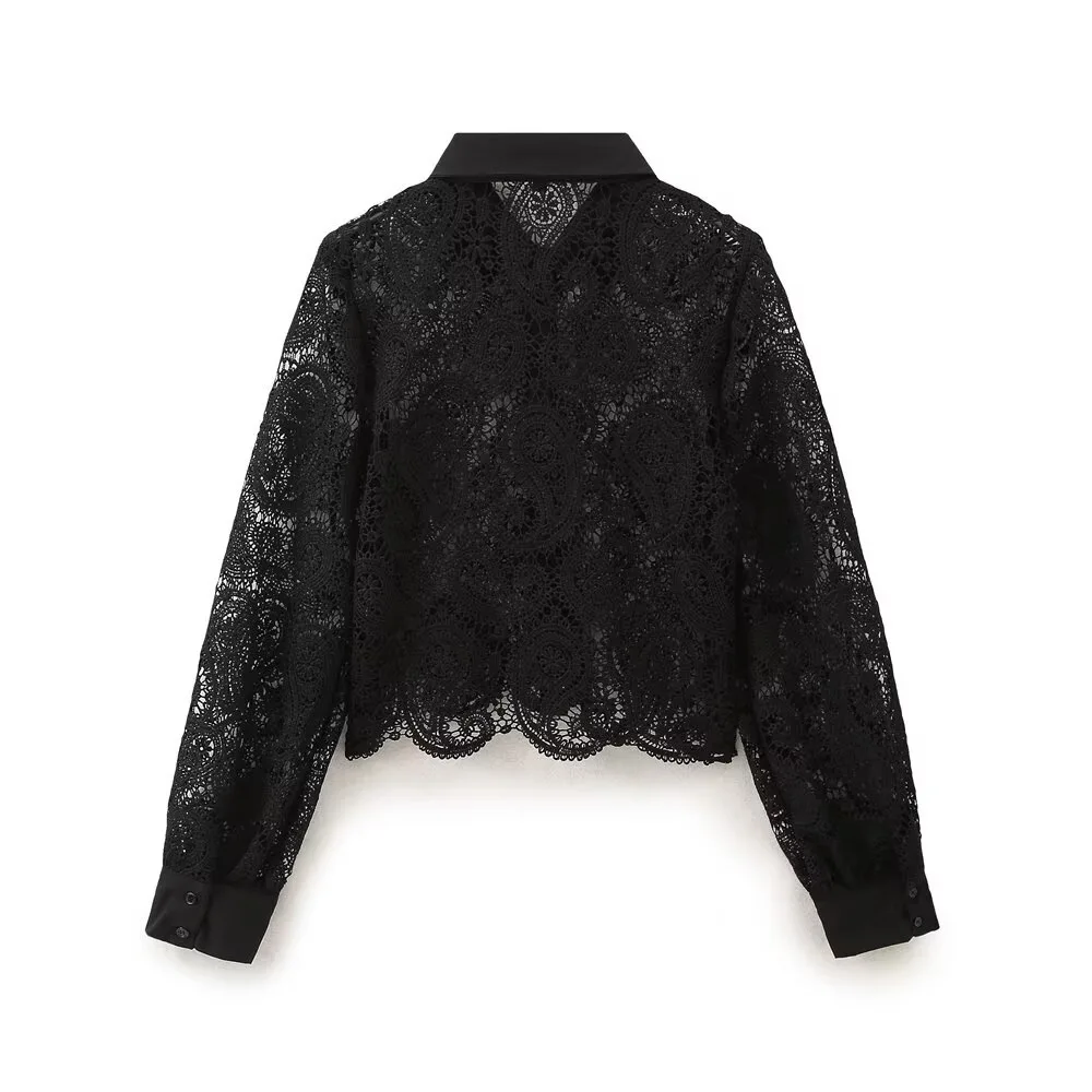 

Lace Blouses For Women Elegant Office White Shirt Long Sleeve Button Turn-down Collar Sexy Hollow Tops Fashion Women's Clothing