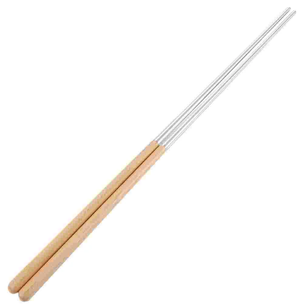 

2 Pairs Stainless Steel Frying Chopsticks Cooking Long Wooden Reusable High Temperature Resistance Barbecue Noodle Polished