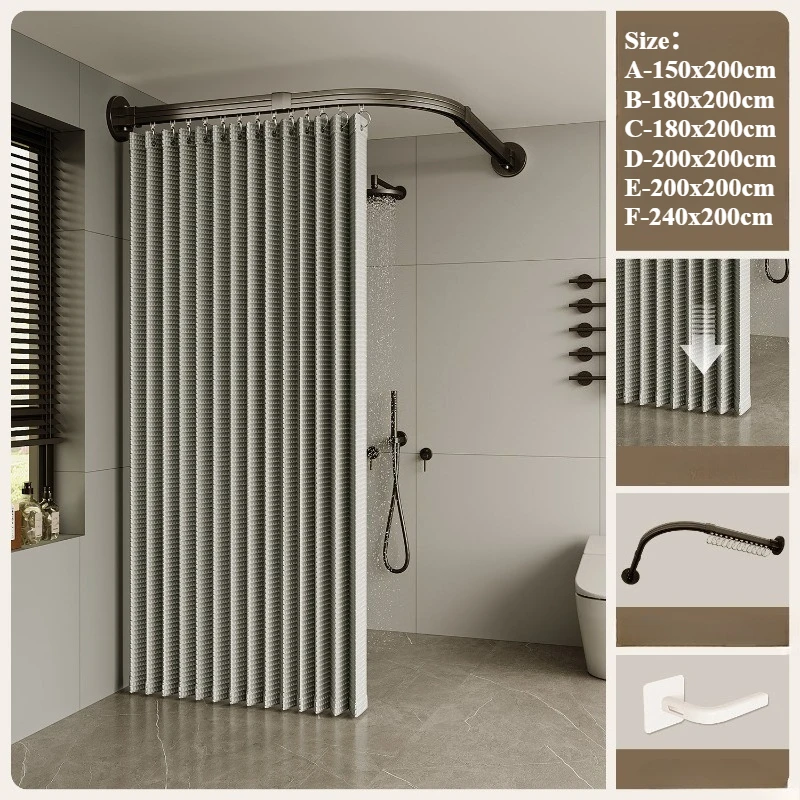 180/200/240cm Curved Adhesive/hole-punching Shower Curtain for Bathroom Waterproof Partition Shower Enclosure Dry Wet Separation