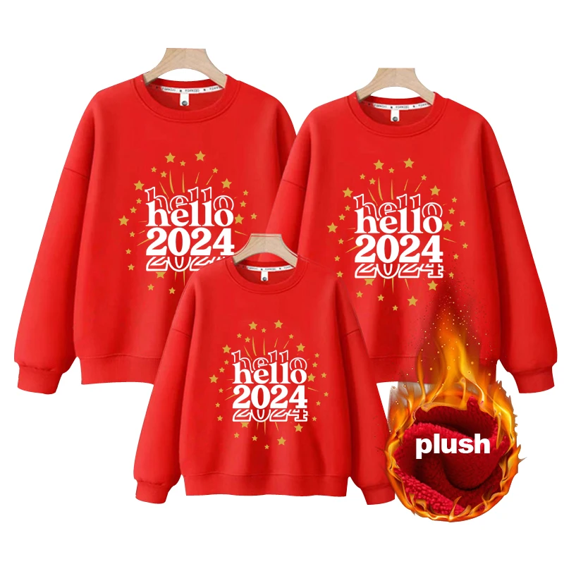 

Happy New Year 2024 Hoodie Family Matching Outfits Sweater Clothing Warm Winter Children Sweatshirt Pullover Plus Velvet Outfit