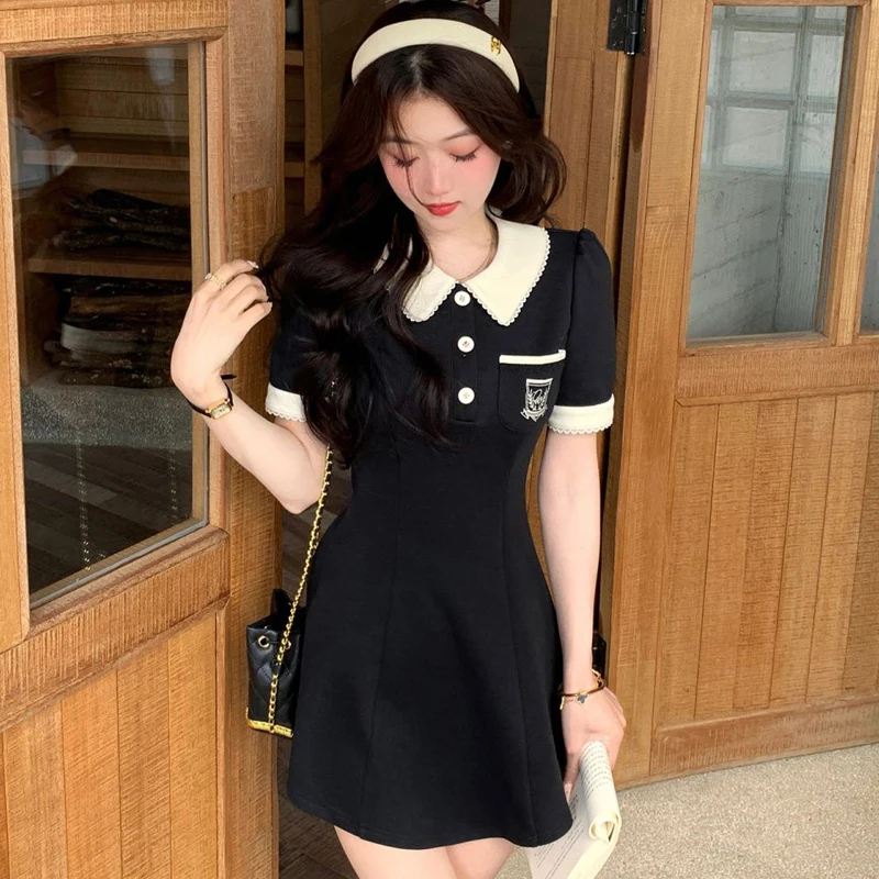 Polo One Pieces Korea Contrast Color Women\'s Dress With Collar Summer Sweet College Sundress Y2K Short Sleeve Mini Skirt Kpop