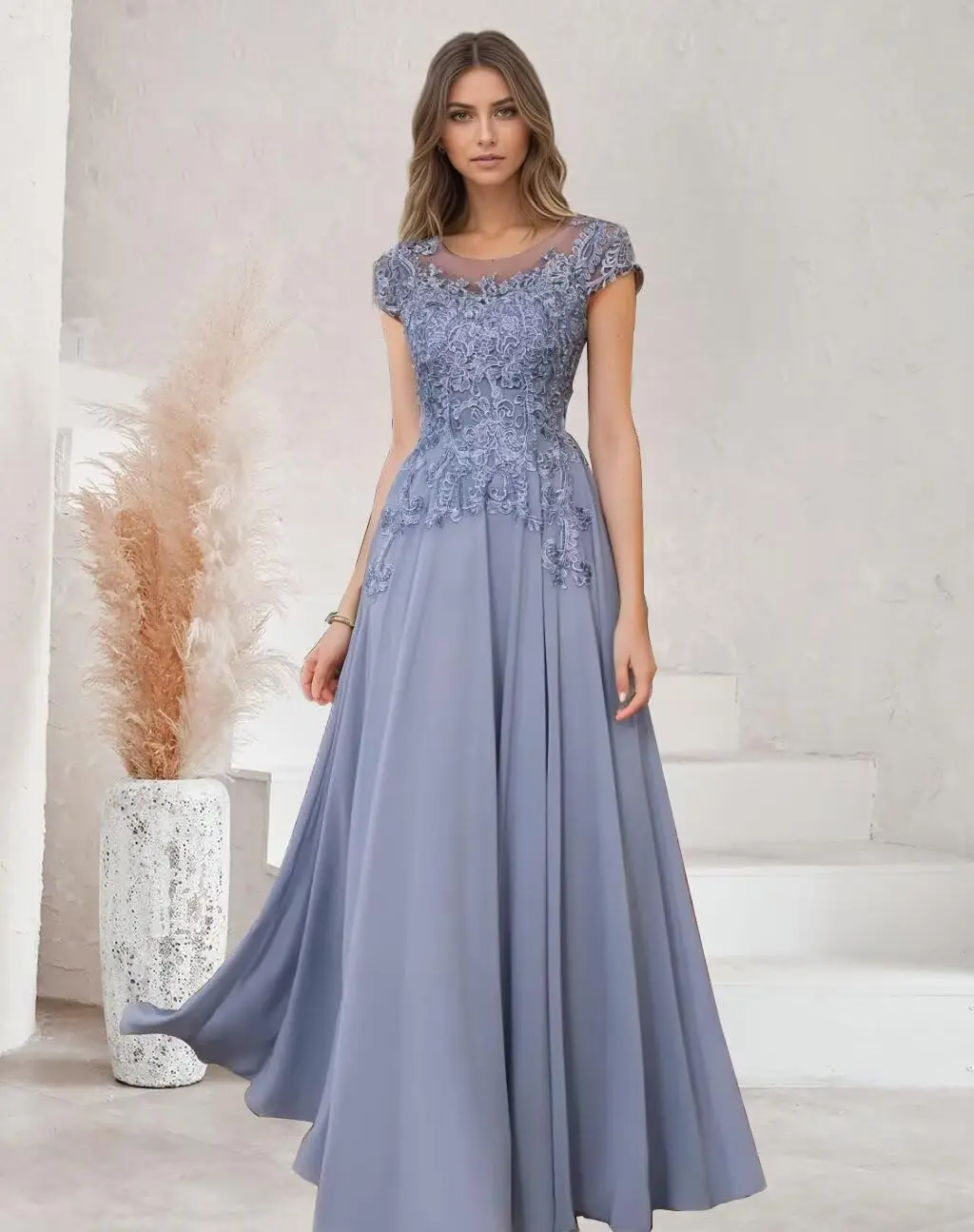 

Mother of The Bride Dresses Chiffon Lace Applique Short Sleeve Mother of The Groom Dress Long Formal Dress