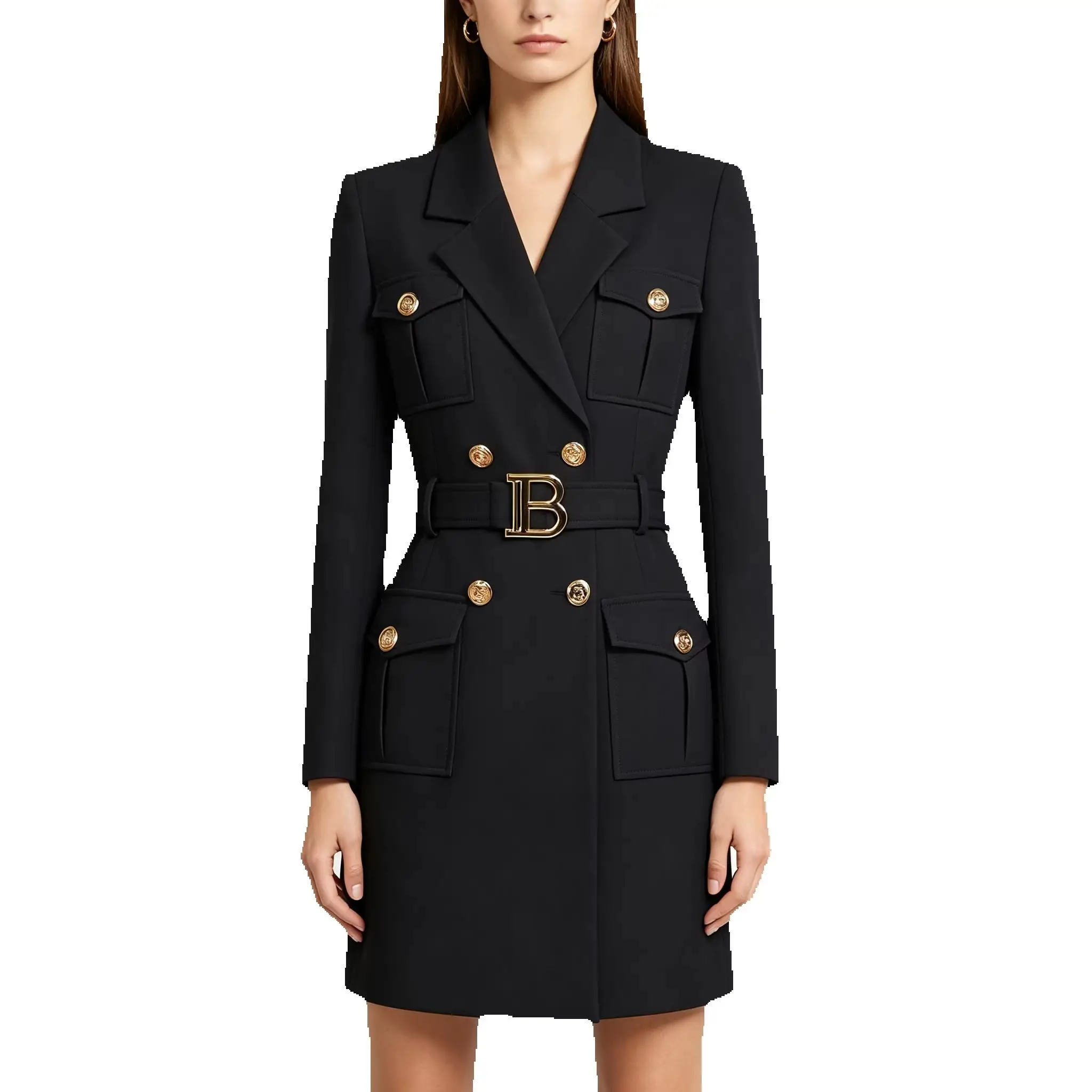 

High-End Fashionable Commuter Suit Dress - Spring Autumn New Solid Color Slimming Long Sleeve Belted Dress For Women