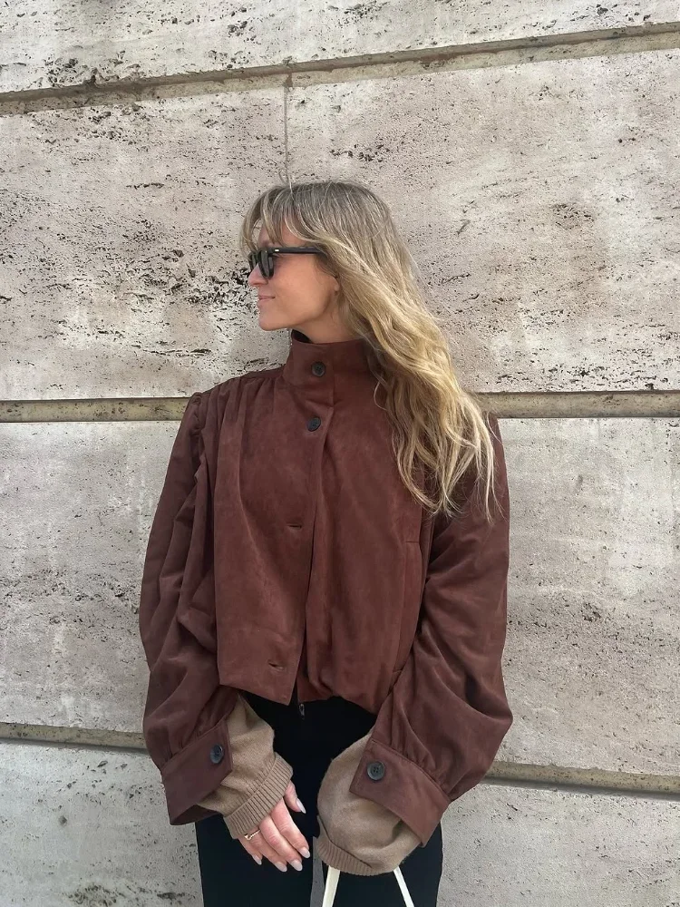 

Chic Brown Suede Cropped Biker Jacket Trendy Single Breasted Lapel Long Sleeves Outerwear 2025 Fashion High Street Commute Coat