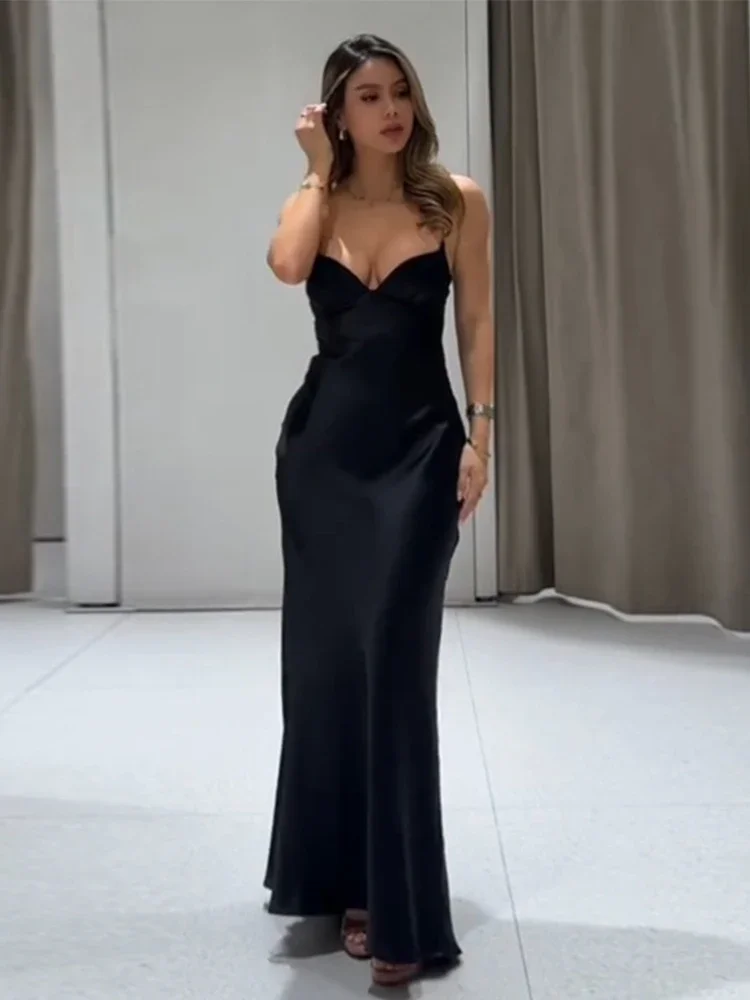 فستان نسائي طويل مثير من الساتان بياقة مربعة سادة بدون أكمام وظهر مكشوف فساتين صيفية للسيدات للحفلات المسائية #5