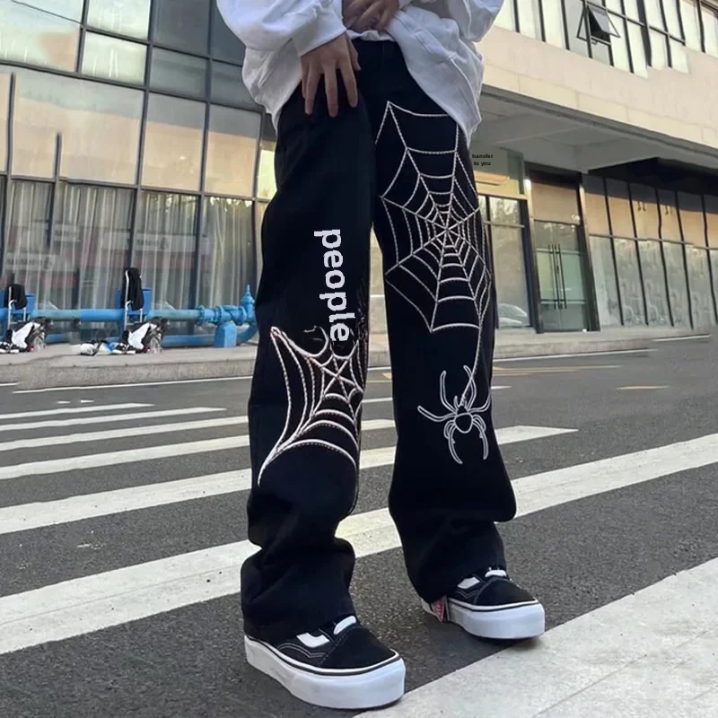 Trendy European American Street Style Embroidered Spider Web Design Loose Fit Men's Jeans Mid Waist Denim Trousers