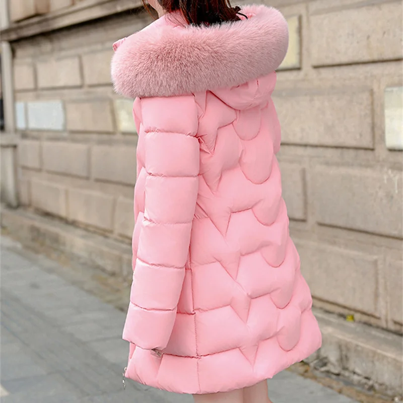 2025, Winter Baumwolle gefütterte Jacke frauen Lange Parkas Pelz-kragen Mit Kapuze Oberbekleidung Weibliche Verdicken Mantel Kordelzug Dünne mäntel