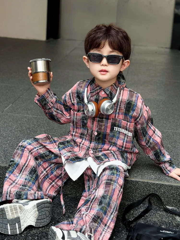 Крутой уличный детский комплект, осенняя одежда, детская одежда, костюм для мальчиков, модный клетчатый топ из двух предметов + свободные штаны, комплект из 2 предметов, От 2 до 13 лет