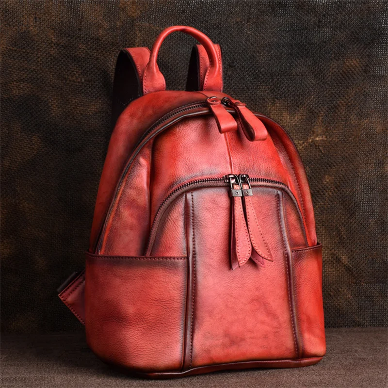 

Vintage Genuine Leather Backpack Women Fasion Ladies Real Cow Leather Double Shoulder Bag Solid Pattern Cowhide Travel Bags