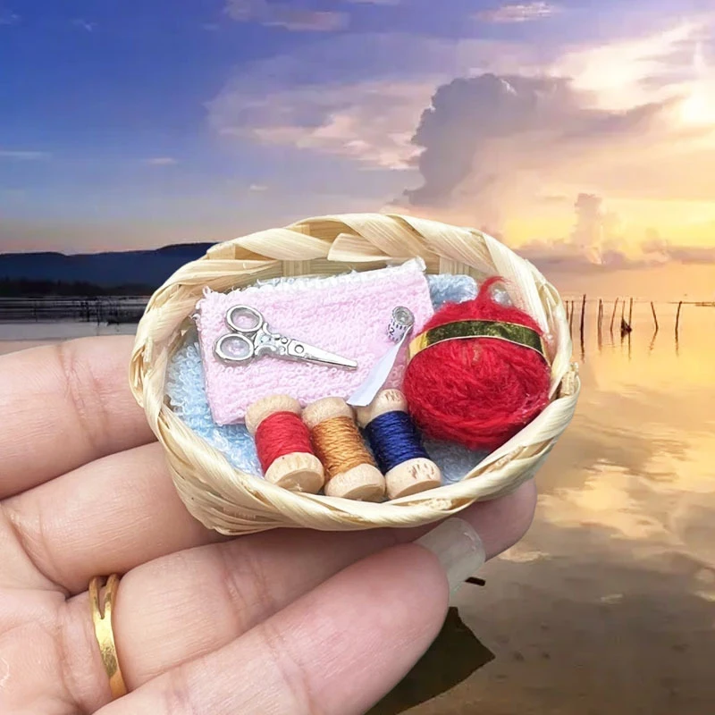1세트 1/12 인형집 미니어처 뜨개질 울실 바구니 모델 바느질 집 장식 소품 데스크탑 놀이 장난감