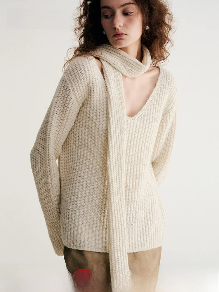 

Вязаный свитер с жемчужным декором Hamere, повседневный, свободный крой, двусторонний, с V-образным вырезом, длинный рукав, осень-зима...