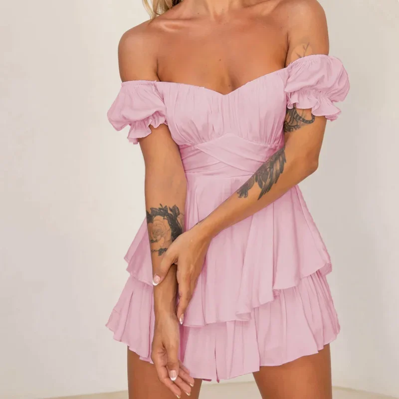 Summer Women's Sexy Solid Short Sleeve Playsuits Famale Slash Neck Off Shoulder Lantern Sleeve Ruffle Jumpsuit