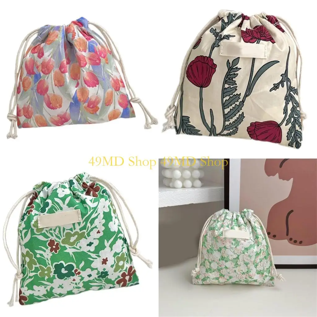 

49MD Japanese Flower Print Makeup Bags Drawstring Travel Pouches Storage Bag