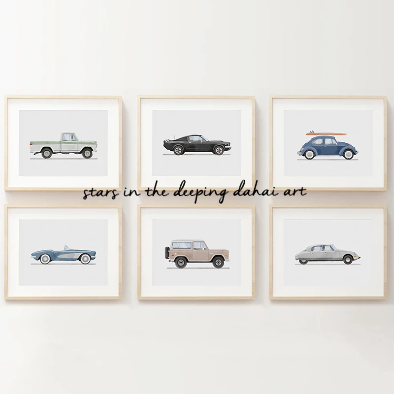 Affiche d'art de voiture rétro pour chambre de garçon, véhicule Vintage de dessin animé, peinture sur toile, imprimés muraux, image pour salon, décoration de maison, Cuadros