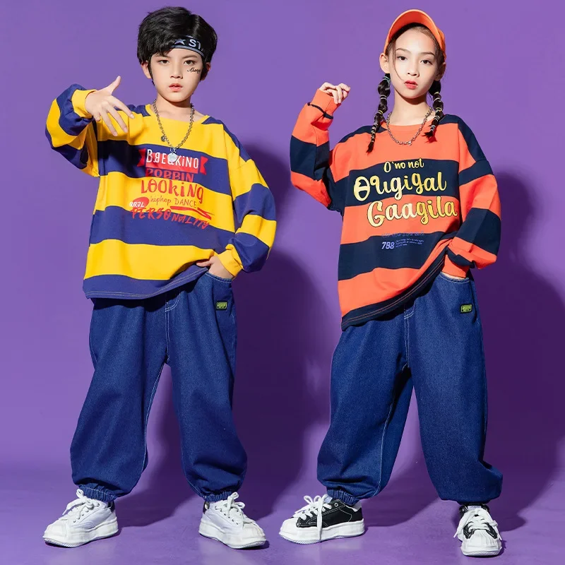 

Boy Street Dance Set Children Jazz Dance Costume Loose Striped Long Sleeved Sweatshirt+denim Lantern Pants Girl Hip-hop Clothing