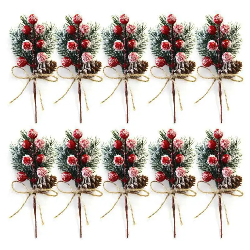 Christmas Artificial Pine Branch Ornament Cone Berry Xmas Decoration Pick Holly Flower New Year 2025