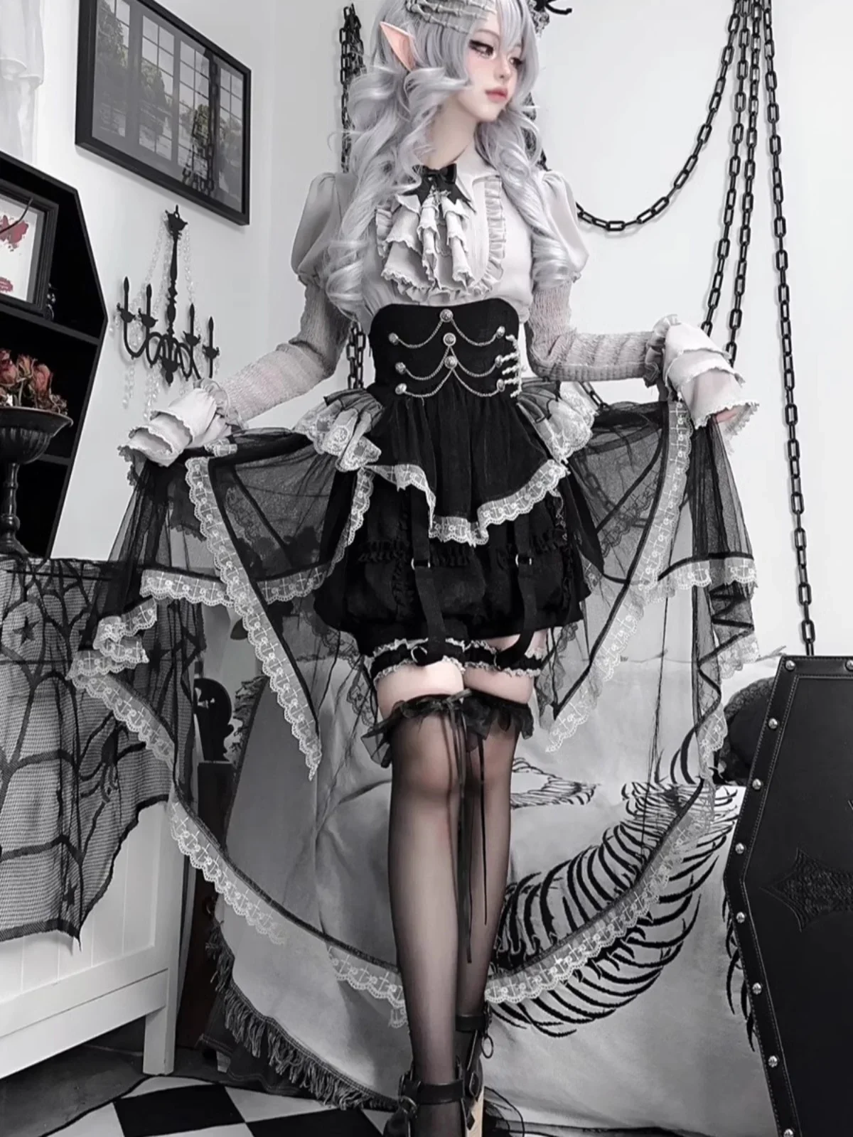 Grey Fairy Tale Gothic Style Dress Dark Lolita Waist Skirt Lolita Palace Style Shirt Shorts Set