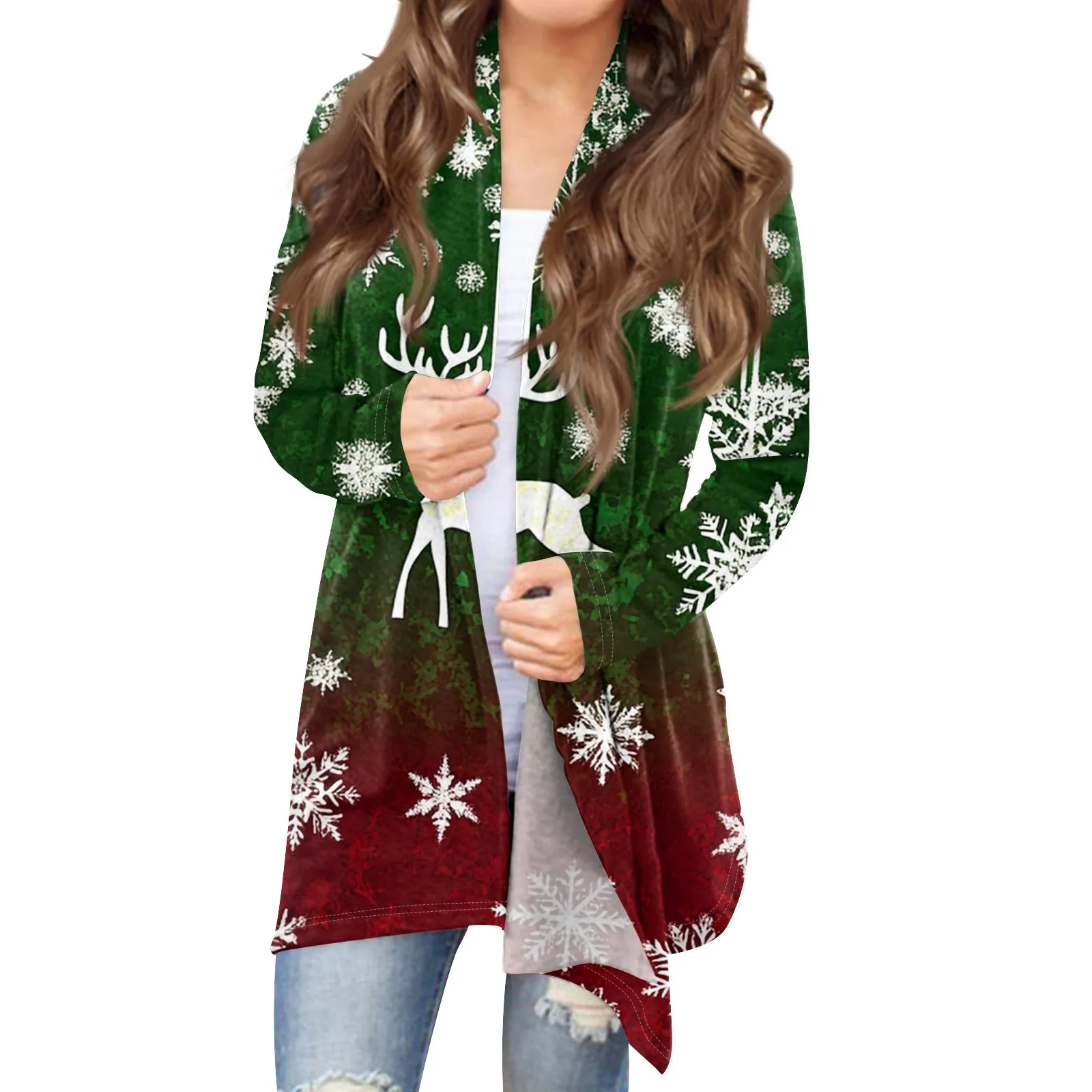

Женский кардиган средней длины с рождественским принтом, Свободный кардиган с длинным рукавом, длинный кардиган с открытым спереди, пальто для рождественской вечеринки, весеннее пальто для женщин