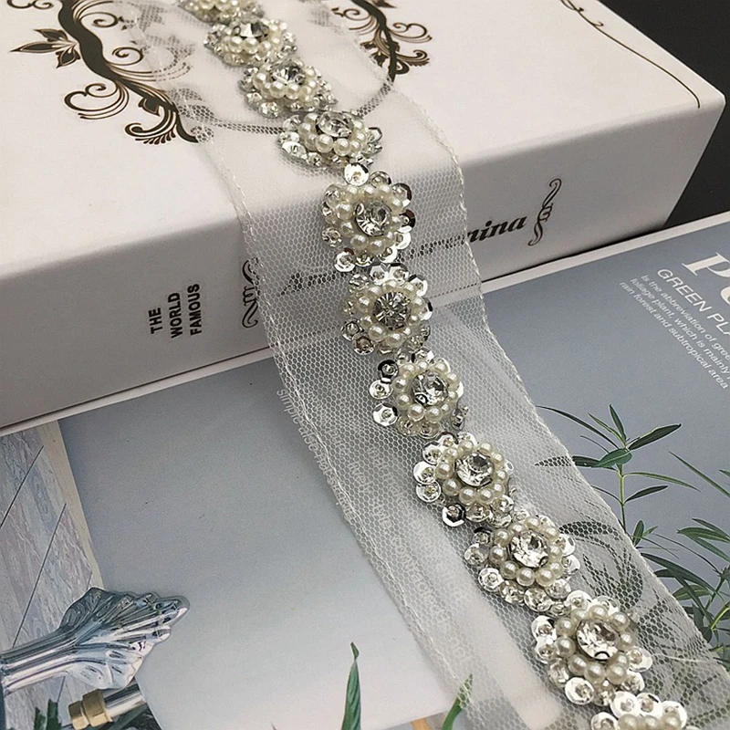 1Yard Pearl Beaded Sequin Lace Trim Mesh Lace Ribbon Fabric DIY Clothes Decoration Wedding Dress Collar Sleeve Lace Applique