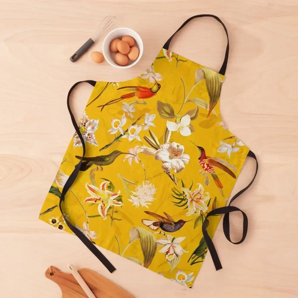 

Pierre Joseph Redoute vintage flowers and hummingbirds nostalgic seamless yellow pattern Apron Kitchen And Household Goods Apron