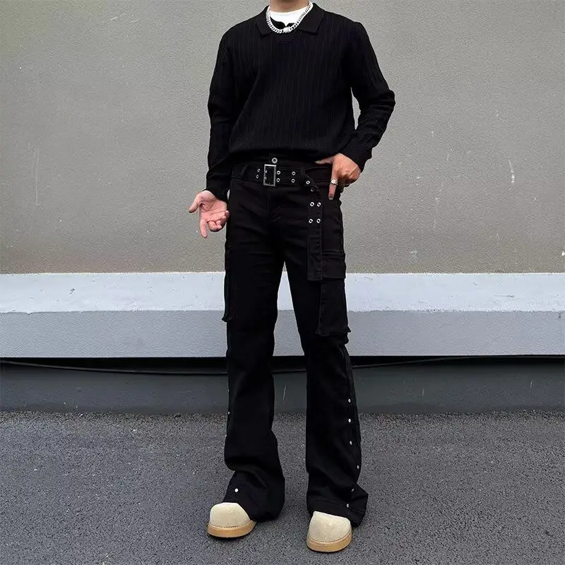 

Ретро американские заклепки, украшенные прямыми штанинами, расклешенные джинсовые джинсы для мужчин и женщин, весенние новые утягивающие широкие брюки длиной до пола